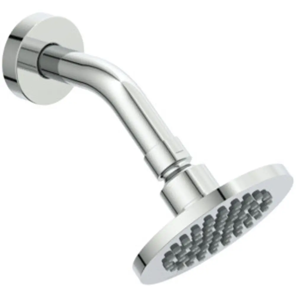 Kopfbrause in Chrom-Optik von Ideal Standard, montiert an einem gebogenen Arm. Die Brause hat eine flache, runde Form mit mehreren wasserabweisenden Düsen.